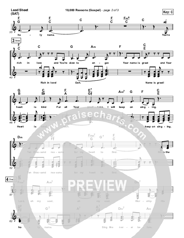 10,000 Reasons (Bless The Lord) (Gospel) Lead Sheet (SAT) (PraiseCharts)