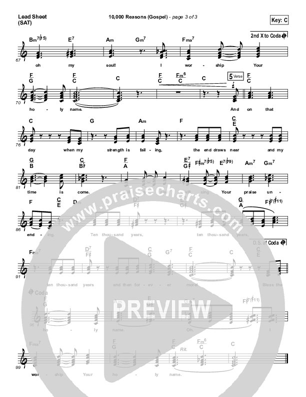 10,000 Reasons (Bless The Lord) (Gospel) Lead Sheet (SAT) (PraiseCharts)