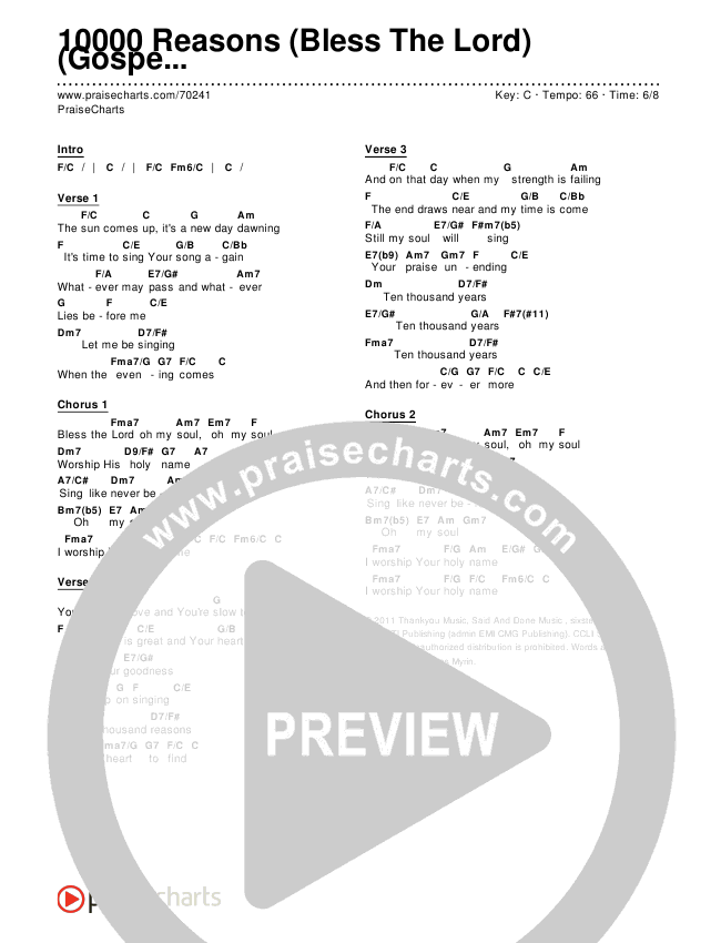 10,000 Reasons (Bless The Lord) (Gospel) Chords & Lyrics (PraiseCharts)