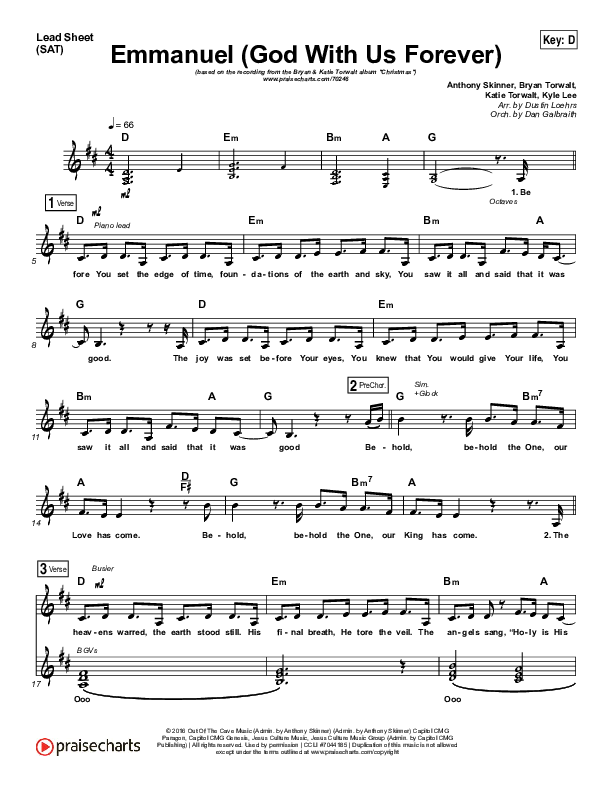 Emmanuel (God With Us Forever) Lead Sheet (SAT) (Bryan & Katie Torwalt)
