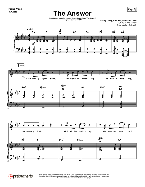 The Answer Piano/Vocal (SATB) (Jeremy Camp)