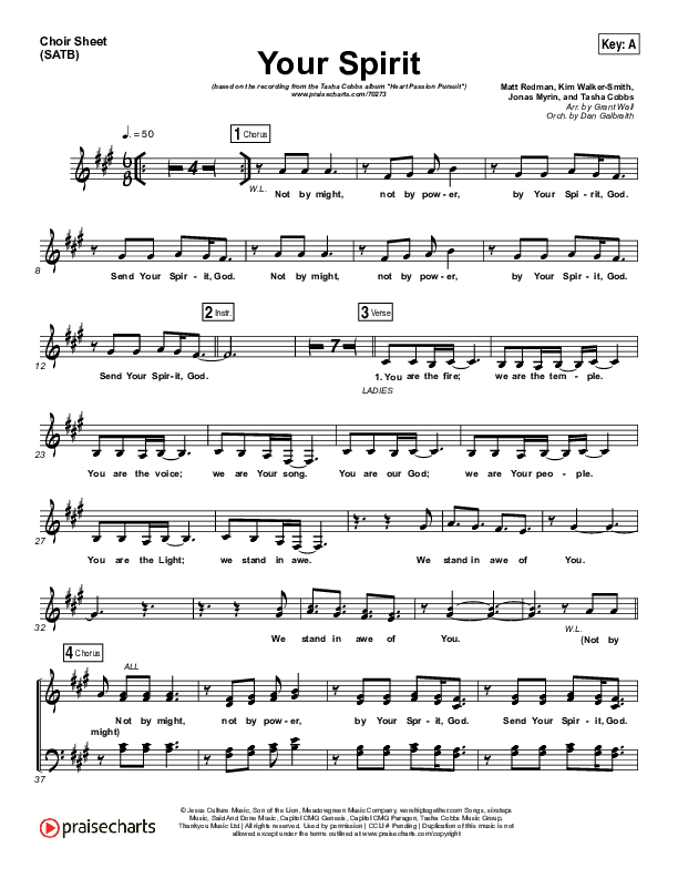 Your Spirit Choir Sheet (SATB) (Tasha Cobbs Leonard / Kierra Sheard)
