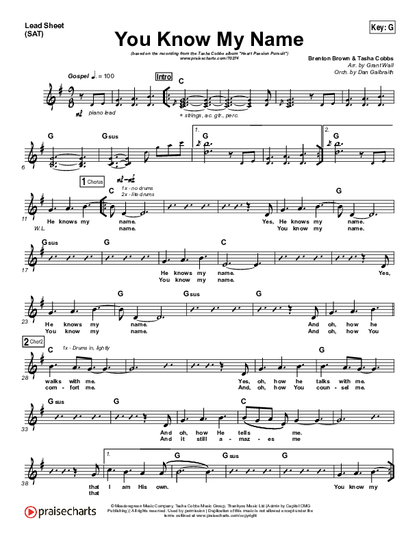 You Know My Name Lead Sheet (SAT) (Tasha Cobbs Leonard / Jimi Cravity)