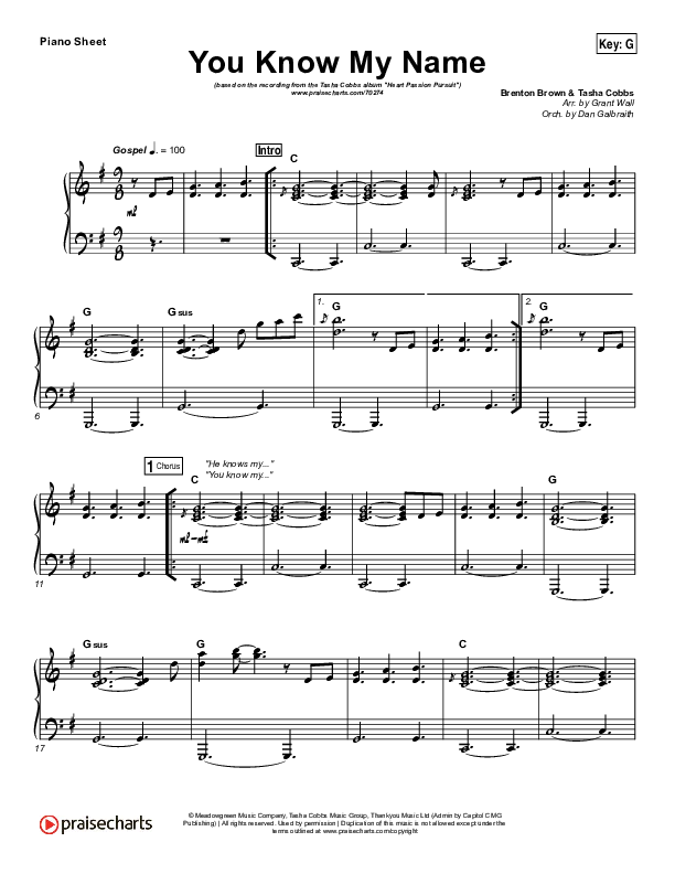 You Know My Name Piano Sheet (Tasha Cobbs Leonard / Jimi Cravity)