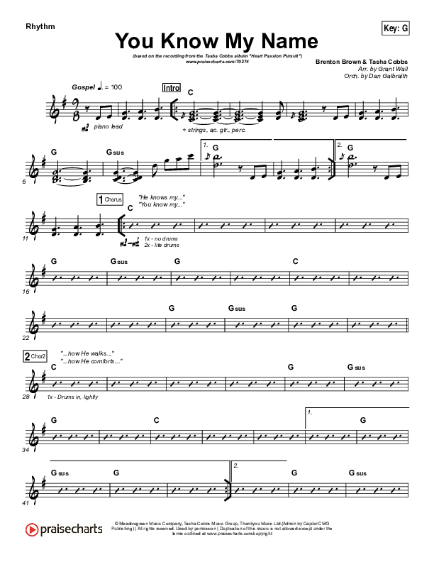 You Know My Name Rhythm Chart (Tasha Cobbs Leonard / Jimi Cravity)