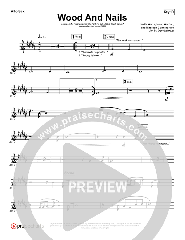 Wood And Nails Alto Sax Sheet Music PDF (The Porter's Gate / Josh Garrels /  Audrey Assad) - PraiseCharts