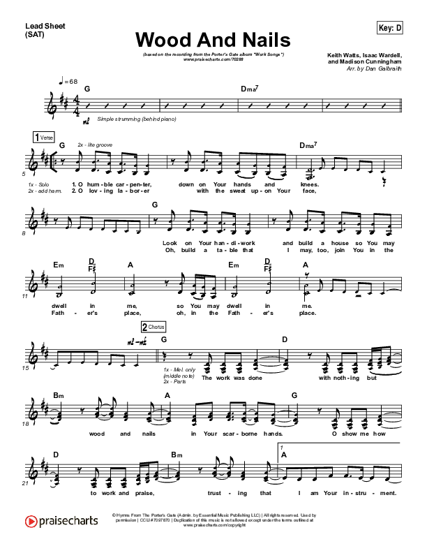 Wood And Nails Lead Sheet (SAT) (The Porter's Gate / Josh Garrels / Audrey Assad)