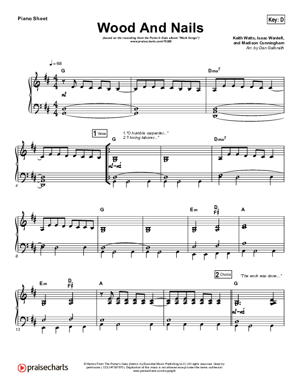 Wood And Nails Piano Sheet (The Porter's Gate / Josh Garrels / Audrey Assad)