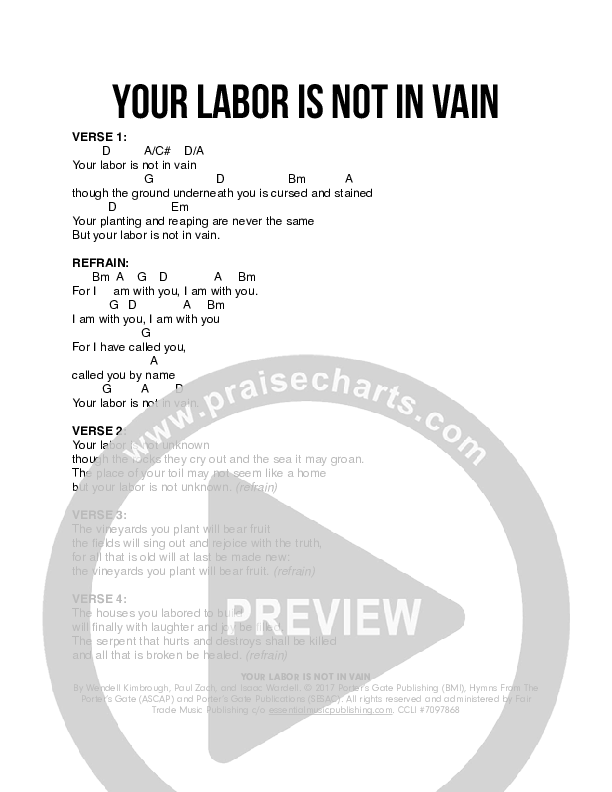 Your Labor Is Not In Vain Chords & Lyrics (The Porter's Gate / Paul Zach)