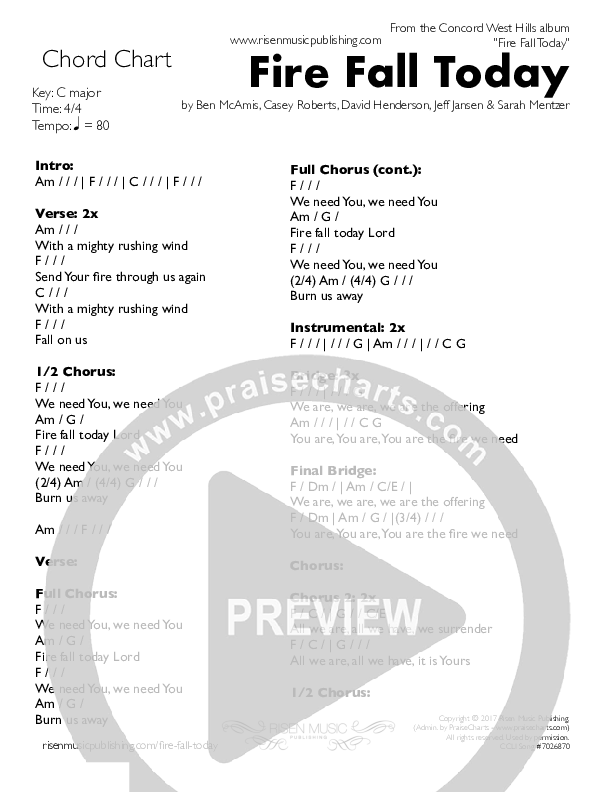 Fire Fall Today Chords & Lyrics (Concord West Hills)