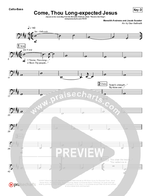 Come Thou Long Expected Jesus Cello/Bass (Meredith Andrews)