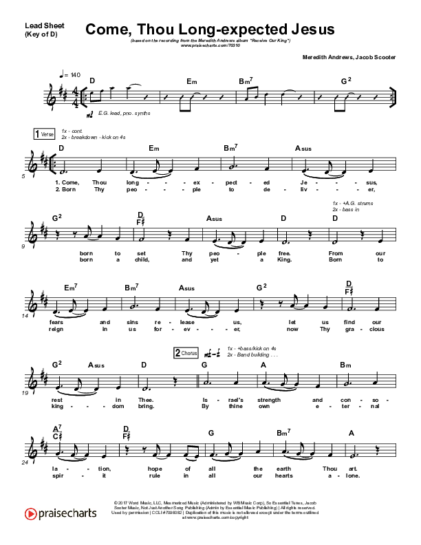 Come Thou Long Expected Jesus Lead Sheet (Melody) (Meredith Andrews)