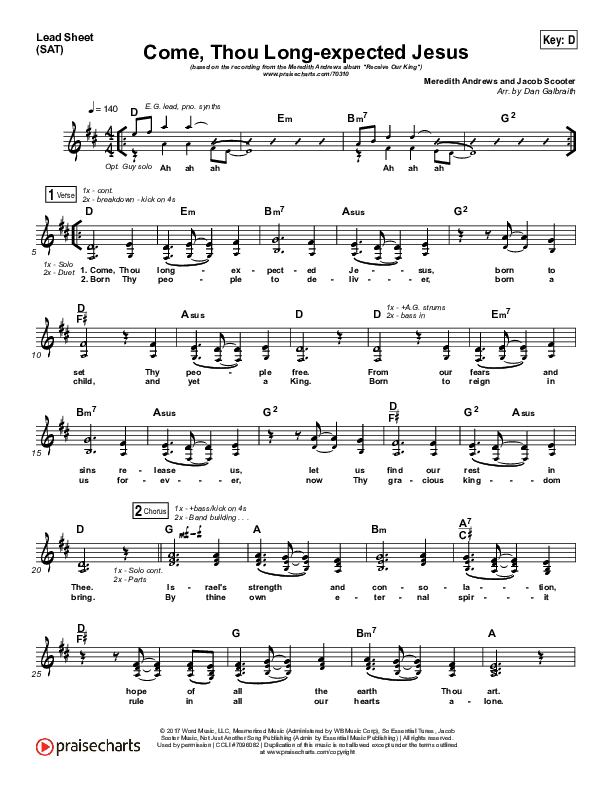Come Thou Long Expected Jesus Lead Sheet (SAT) (Meredith Andrews)