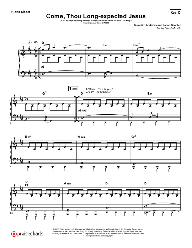 Come Thou Long Expected Jesus Piano Sheet (Meredith Andrews)