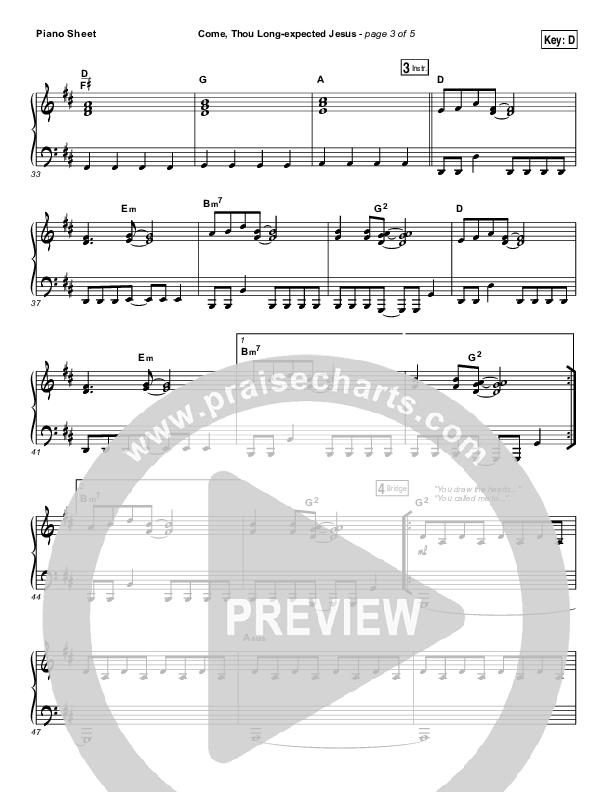 Come Thou Long Expected Jesus Piano Sheet (Meredith Andrews)