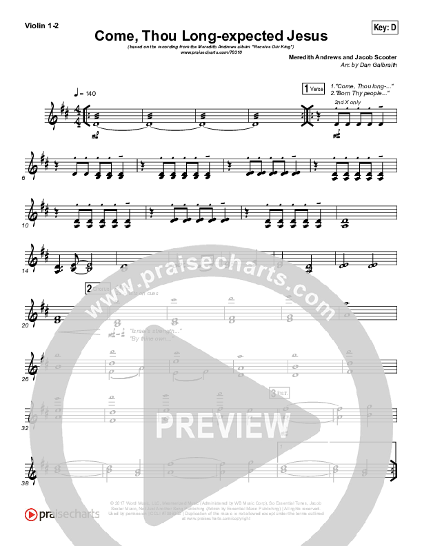 Come Thou Long Expected Jesus Violin 1/2 (Meredith Andrews)
