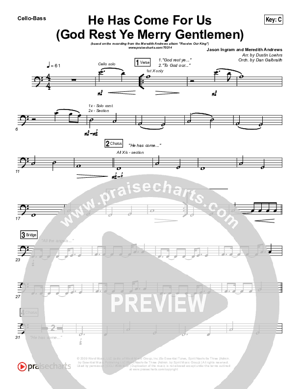 He Has Come For Us (God Rest Ye Merry Gentlemen) Cello/Bass (Meredith Andrews)