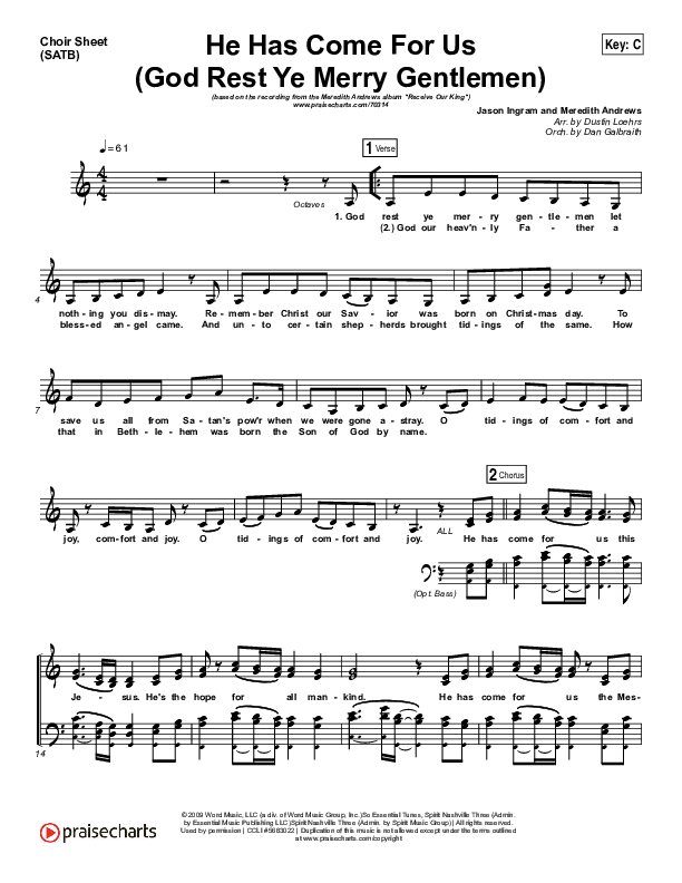 He Has Come For Us (God Rest...) Choir Sheet (SATB) (Meredith Andrews)