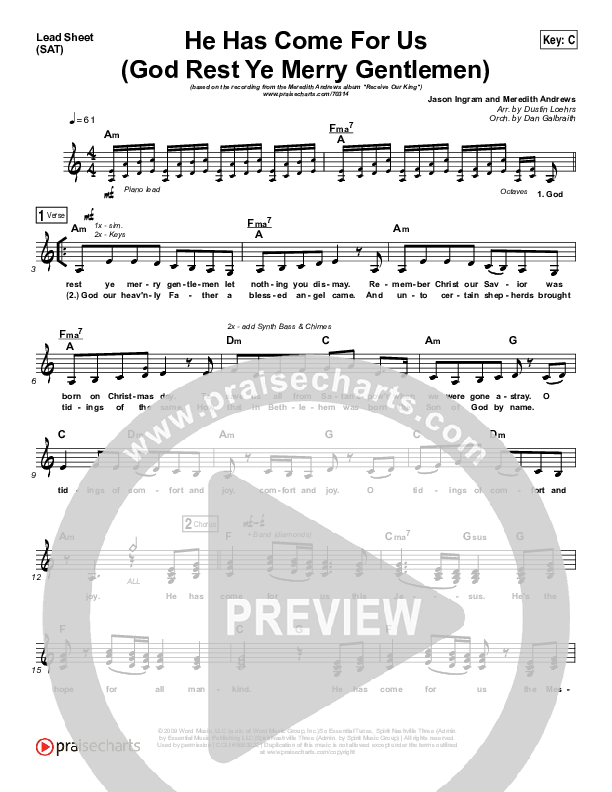He Has Come For Us (God Rest Ye Merry Gentlemen) Lead Sheet (SAT) (Meredith Andrews)