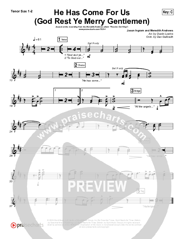 He Has Come For Us (God Rest Ye Merry Gentlemen) Tenor Sax 1/2 (Meredith Andrews)