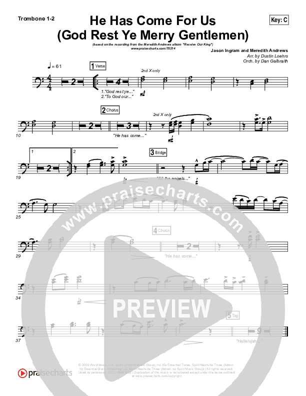 He Has Come For Us (God Rest Ye Merry Gentlemen) Trombone 1/2 (Meredith Andrews)