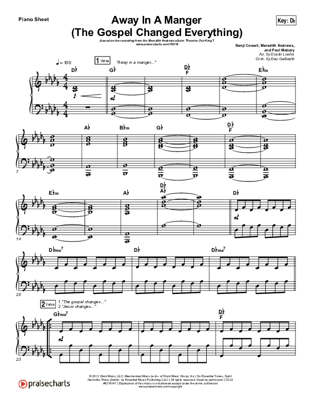Away In A Manger (The Gospel Changes Everything) Piano Sheet (Meredith Andrews / Maverick Sooter)