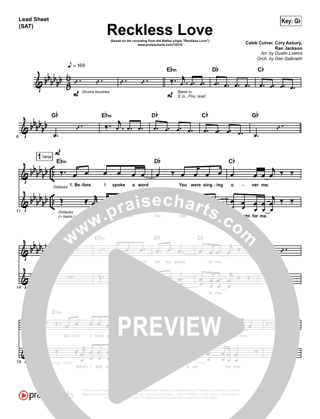 Reckless Love Lead Sheet Piano Vocal Bethel Music Cory Asbury Praisecharts