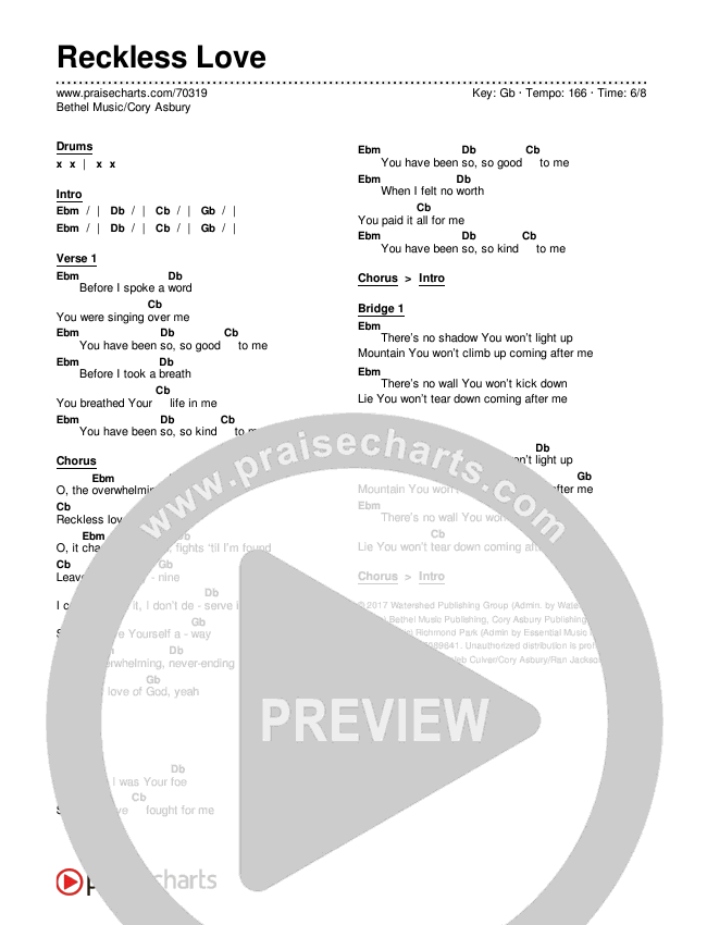 Reckless Love Chords & Lyrics (Bethel Music / Cory Asbury)