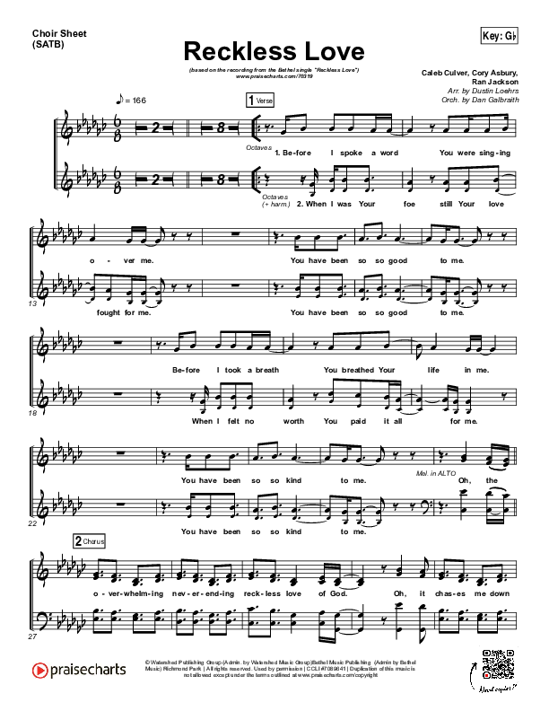 Reckless Love Choir Vocals (SATB) (Bethel Music / Cory Asbury)