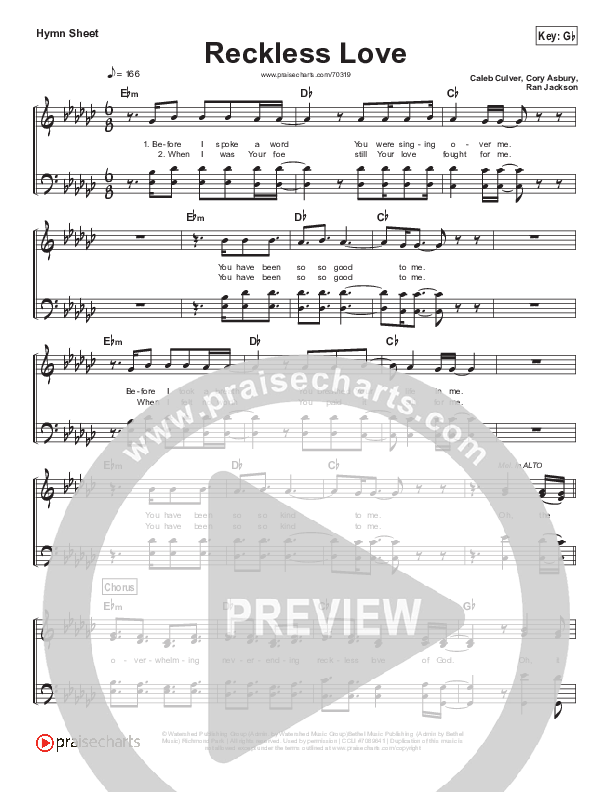Reckless Love Hymn Sheet (Bethel Music / Cory Asbury)