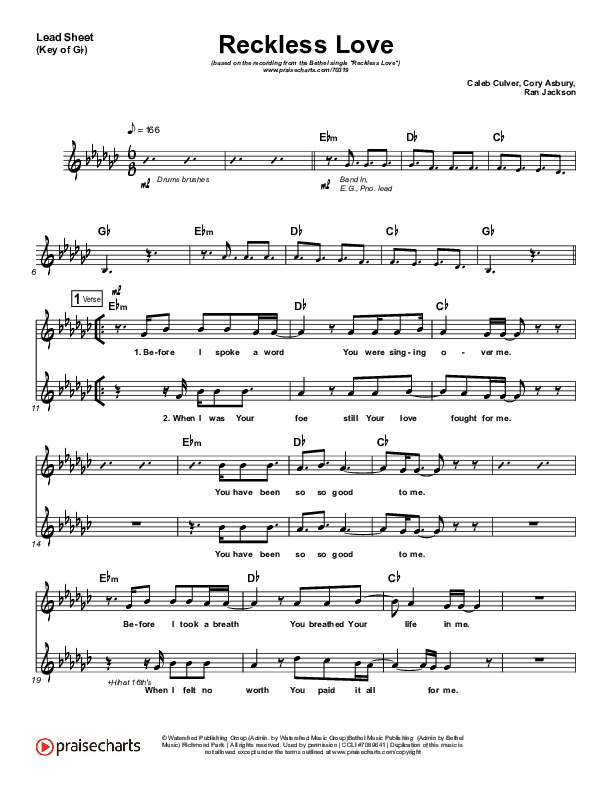 Reckless Love Lead Sheet (Melody) (Bethel Music / Cory Asbury)
