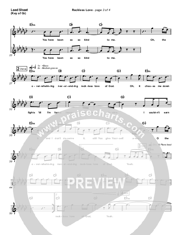 Reckless Love Lead Sheet (Melody) (Bethel Music / Cory Asbury)