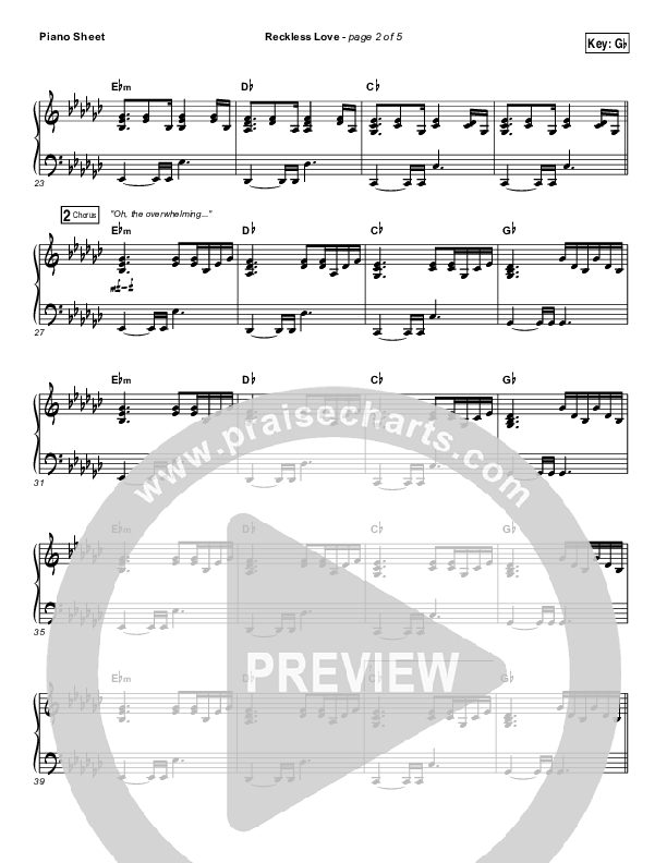 Reckless Love Piano Sheet (Bethel Music / Cory Asbury)