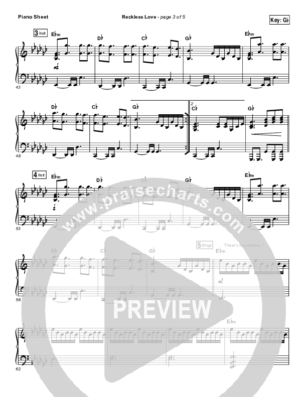Reckless Love Piano Sheet (Bethel Music / Cory Asbury)