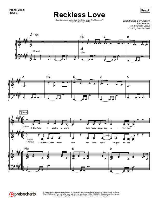 Reckless Love Sheet Music PDF (Bethel Music / Cory Asbury) - PraiseCharts