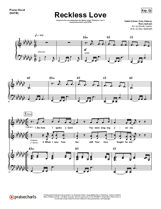 Reckless Love Piano/Vocal (SATB) (Bethel Music / Cory Asbury)