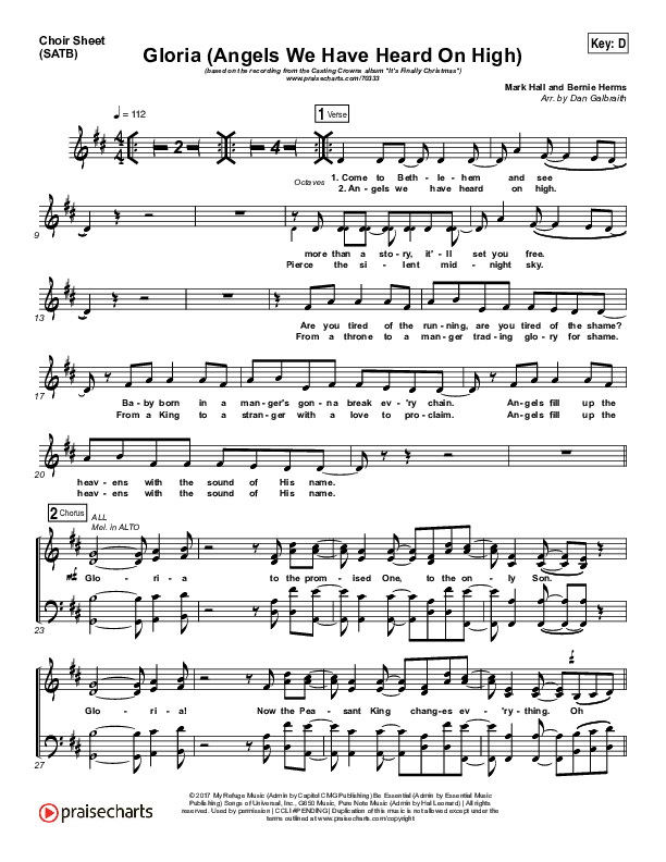 Gloria / Angels We Have Heard On High Choir Sheet (SATB) (Print Only) (Casting Crowns)