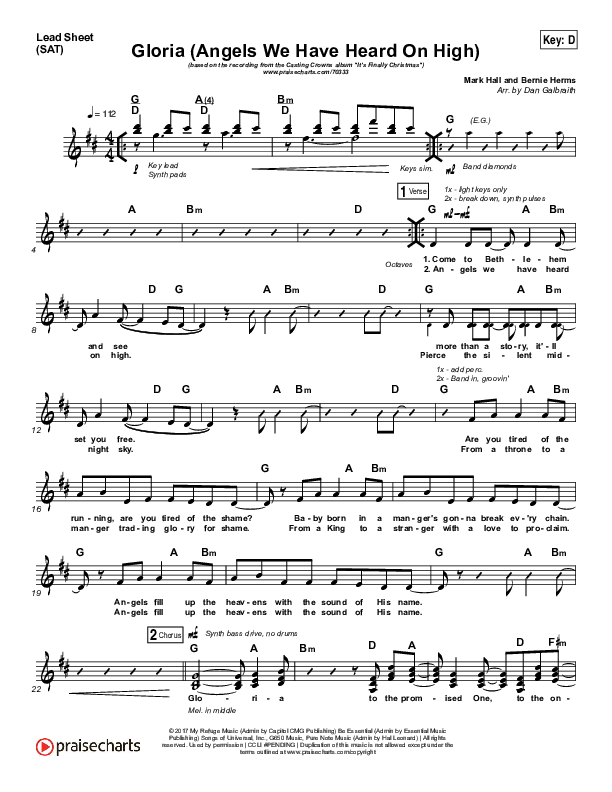 Gloria / Angels We Have Heard On High Lead Sheet (Print Only) (Casting Crowns)