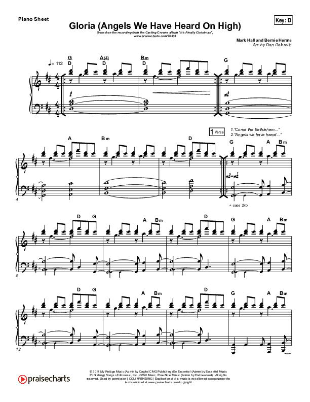 Gloria / Angels We Have Heard On High Piano Sheet (Print Only) (Casting Crowns)