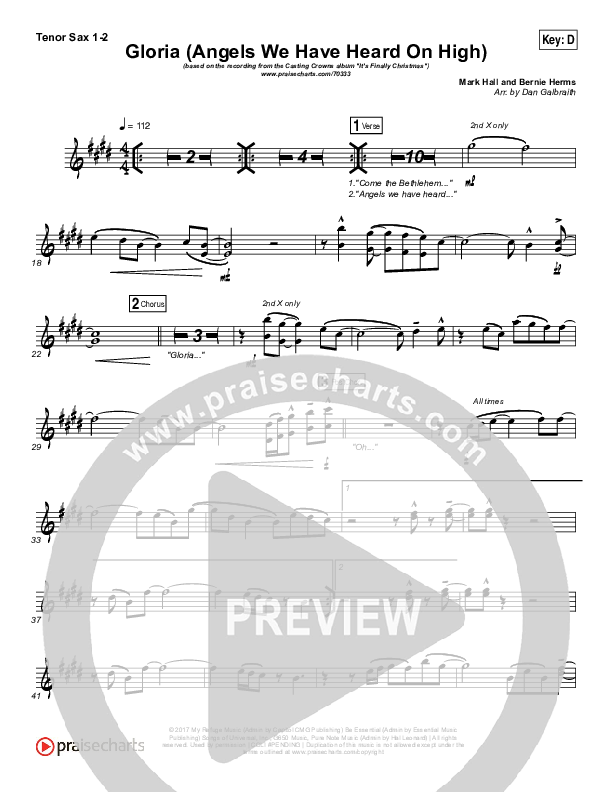 Gloria / Angels We Have Heard On High Tenor Sax 1/2 (Casting Crowns)