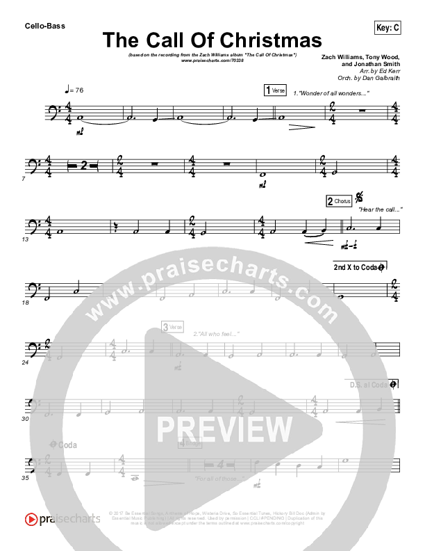 The Call Of Christmas Cello/Bass (Zach Williams)