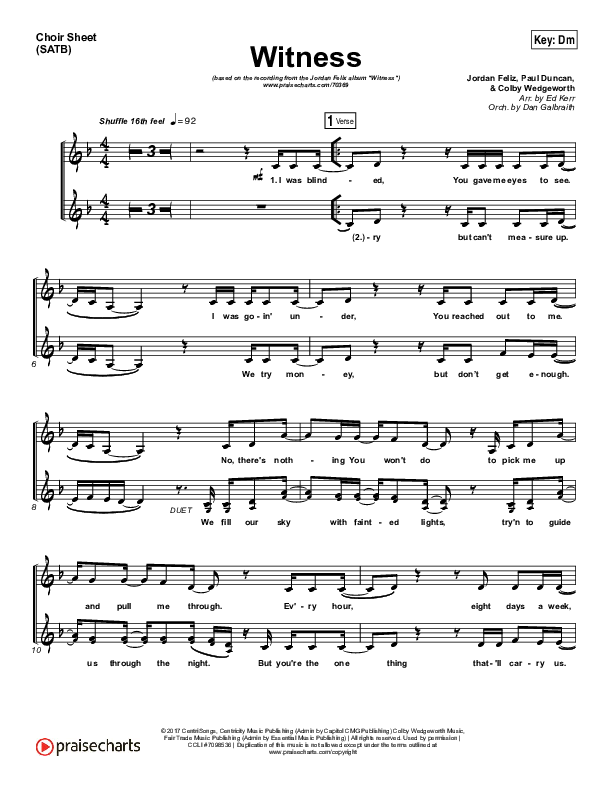 Witness Choir Sheet (SATB) (Jordan Feliz)