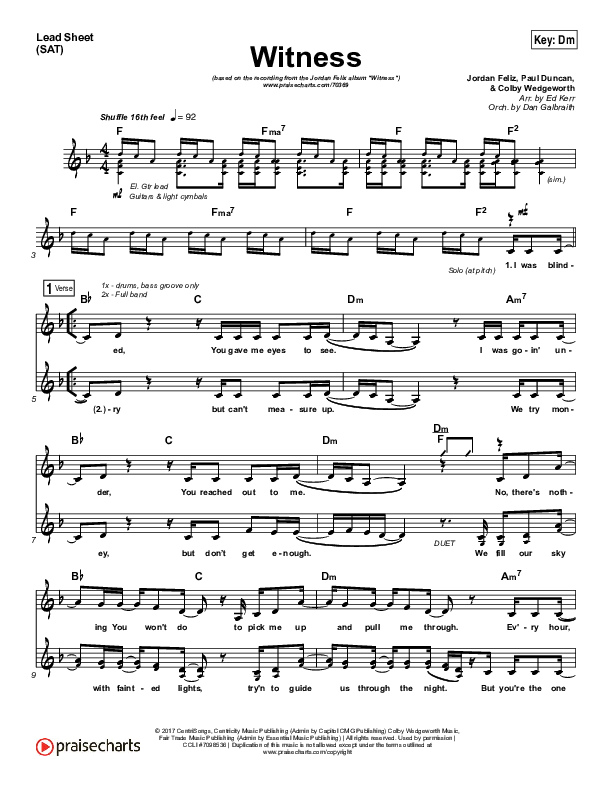 Witness Lead Sheet (SAT) (Jordan Feliz)