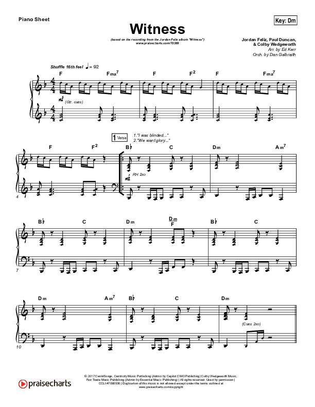 Witness Piano Sheet (Jordan Feliz)