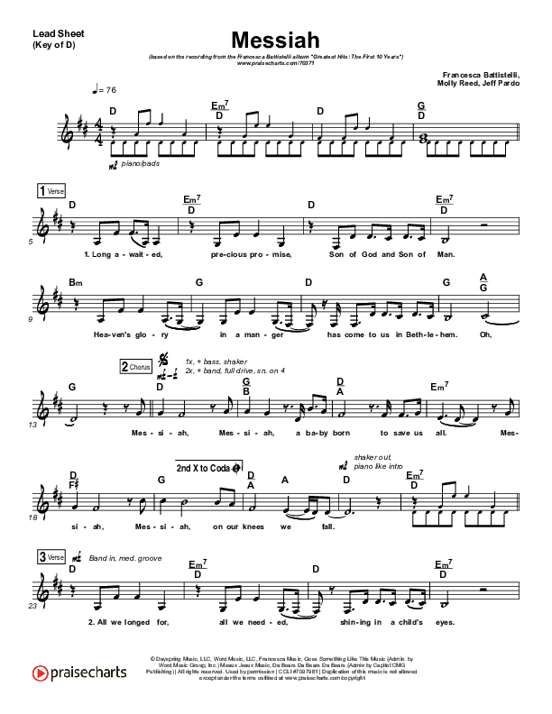 Messiah Lead Sheet (Melody) (Francesca Battistelli)