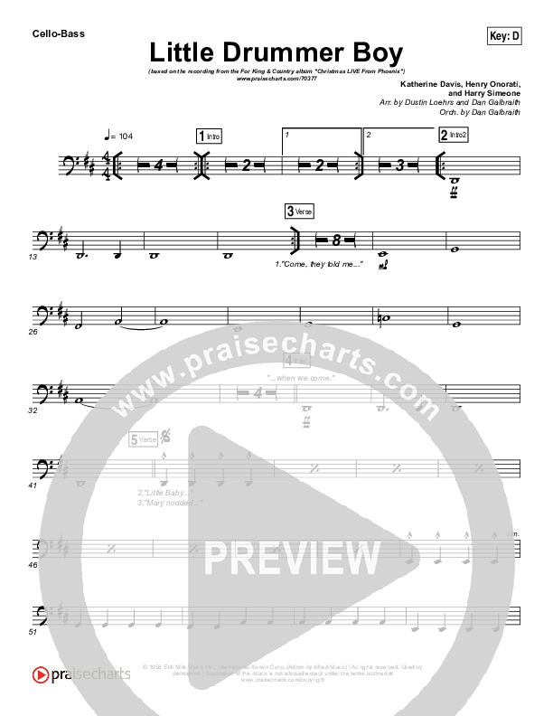 Little Drummer Boy Cello/Bass (for KING & COUNTRY)