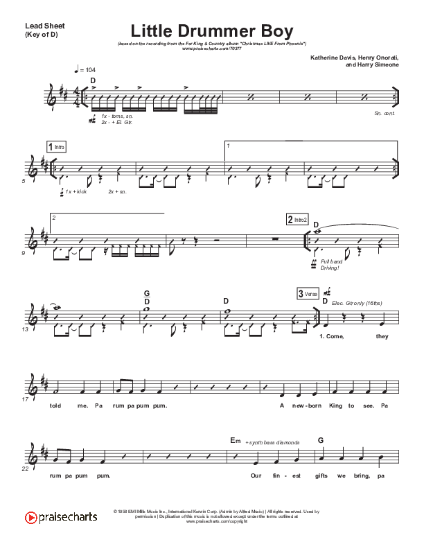 Little Drummer Boy Lead Sheet (Melody) (for KING & COUNTRY)
