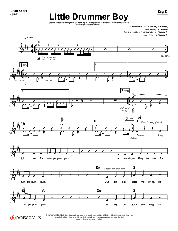 Little Drummer Boy Lead Sheet (SAT) (for KING & COUNTRY)