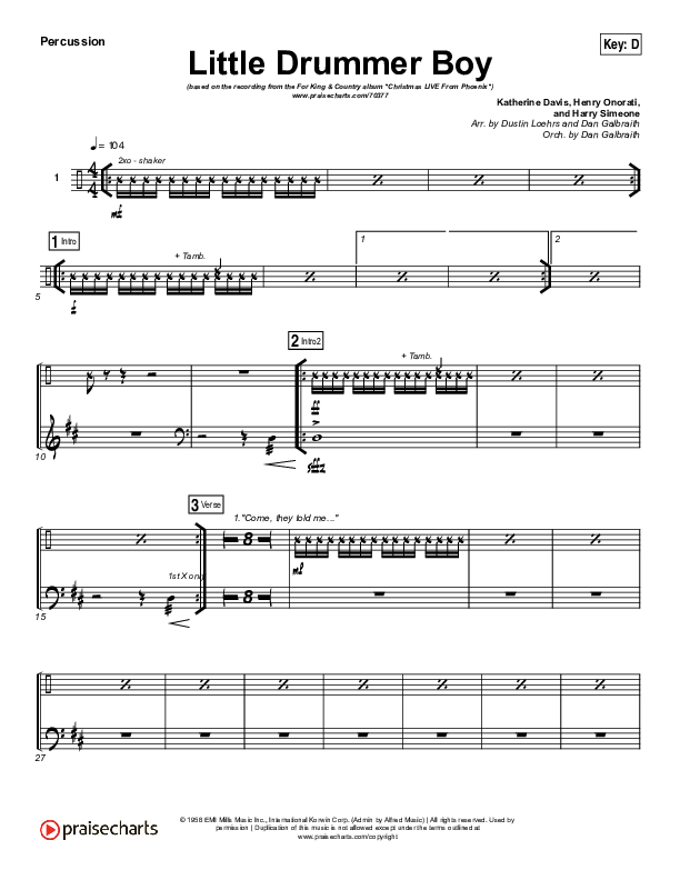 Little Drummer Boy Percussion Sheet Music PDF (for KING & COUNTRY) PraiseCharts