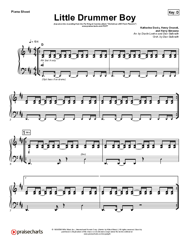 Little Drummer Boy Piano Sheet (for KING & COUNTRY)